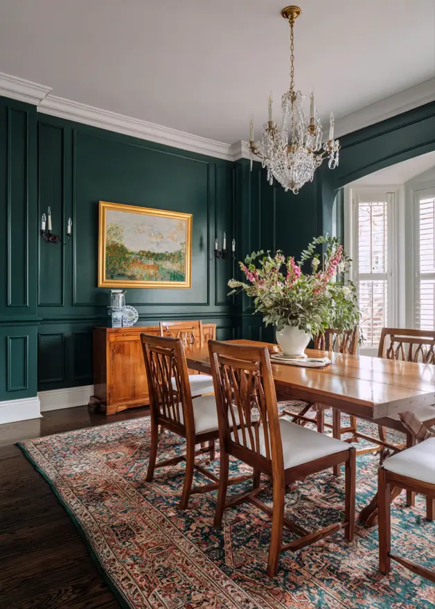 Formal dining room with deep forest green wainscoting and walls, a crystal chandelier, and a classic wood table.