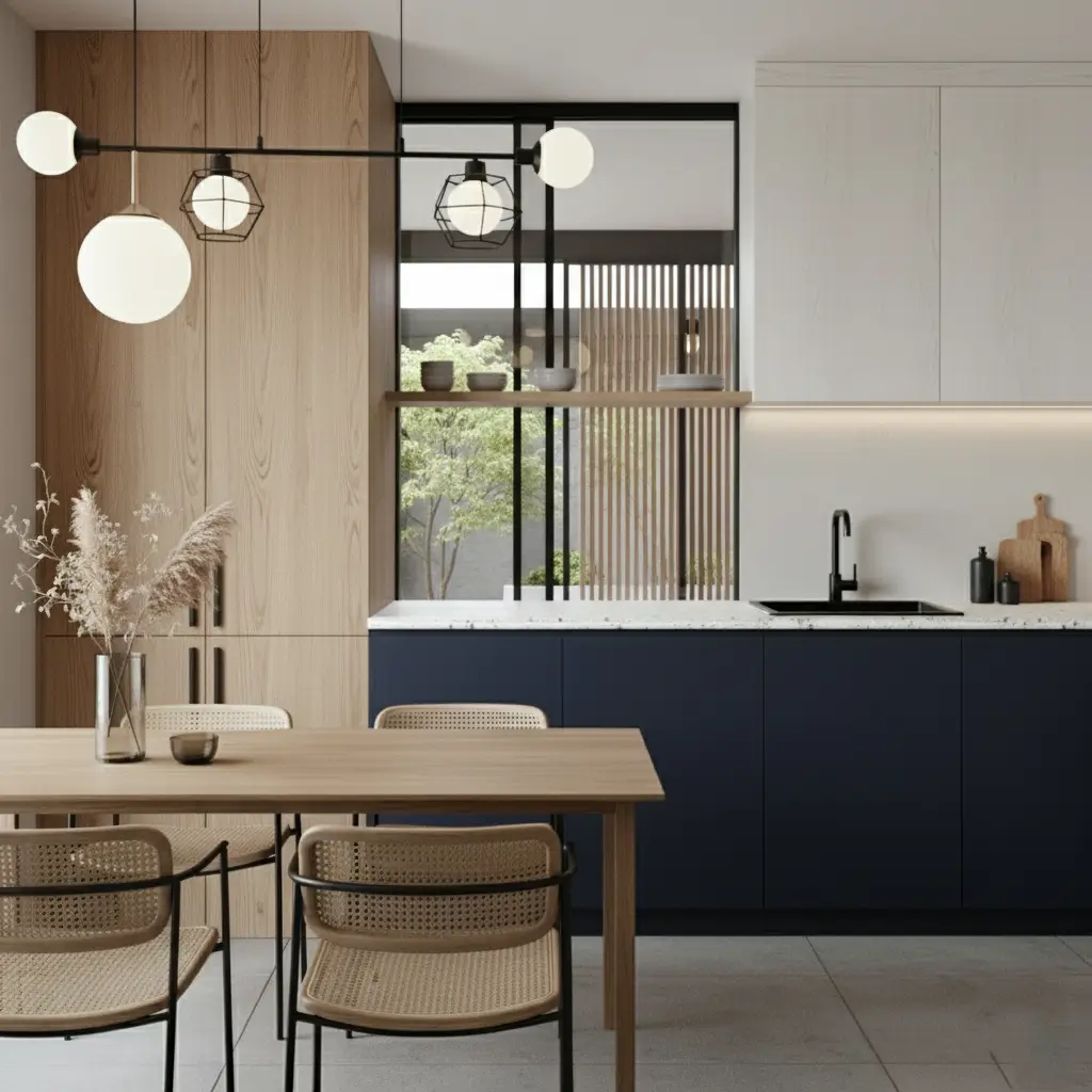 A modern Japanese inspired kitchen blending light wood, navy blue cabinets, and a slatted wood screen.