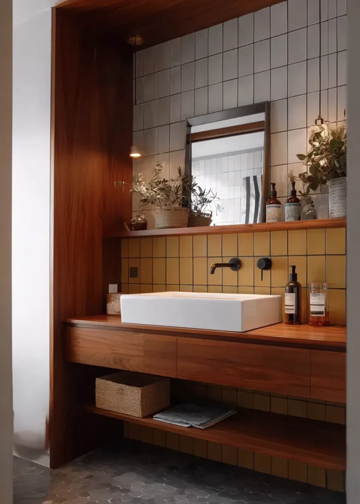 43 Mid Century Modern Small Bathroom Ideas for a Timeless Oasis (2025) 15 Mustard yellow backsplash tiles with walnut floating vanity and hexagonal floor in a mid century modern small bathroom.