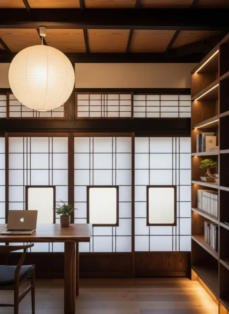 A modern Japandi home office with dark wood shoji screens, a simple desk, and built-in bookshelves.