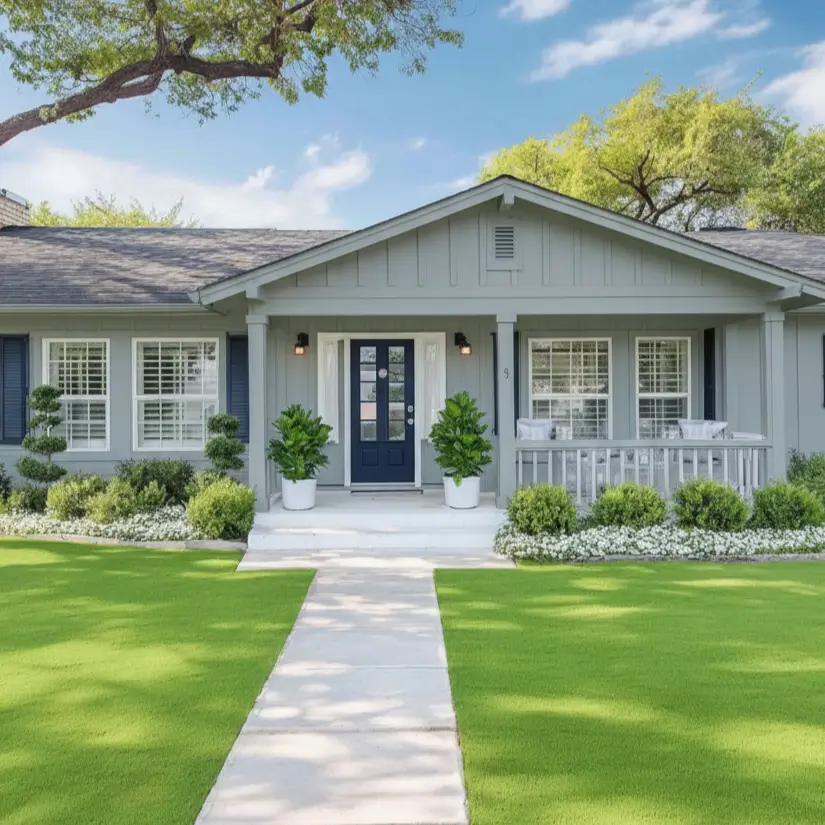 A modern ranch house in sage green with white trim and a dark front door.