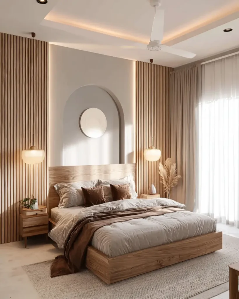 47 Scandinavian Bedroom Interior Design Ideas for a Serene Retreat 15 Modern Scandinavian bedroom with a backlit wood slat feature wall, matching wood bed, and brown textiles.