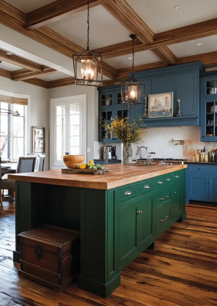 Modern Tudor Interior Design: A Definitive Guide 15 A modern Tudor kitchen with a rustic wood-beamed ceiling, a green island with a butcher block top, and blue cabinets.