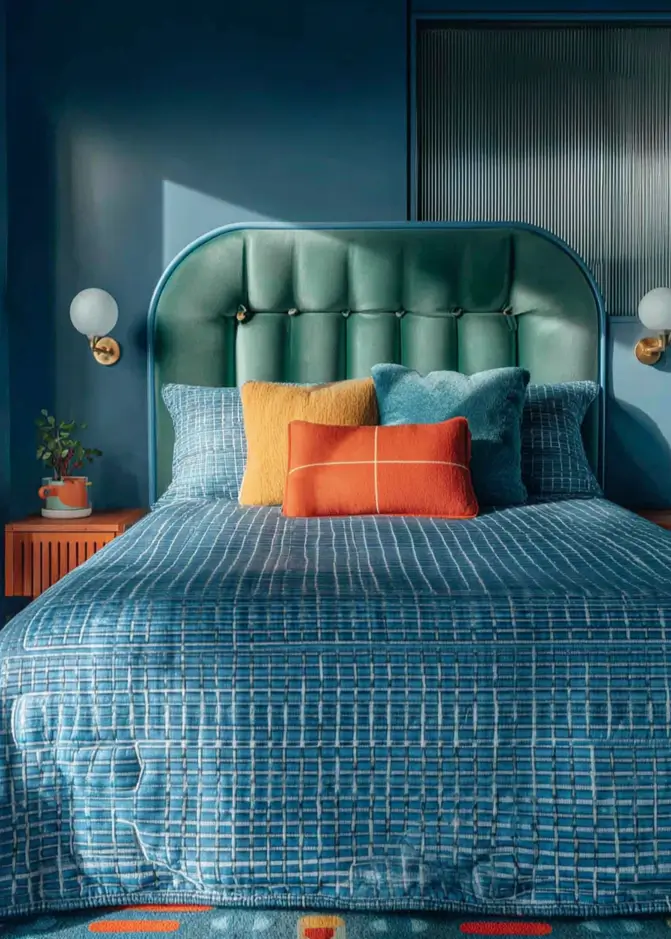 49 Headboard Design Ideas That Instantly Elevate Your Bedroom 15 Teal velvet button-tufted headboard with rounded edges and colorful accent pillows.