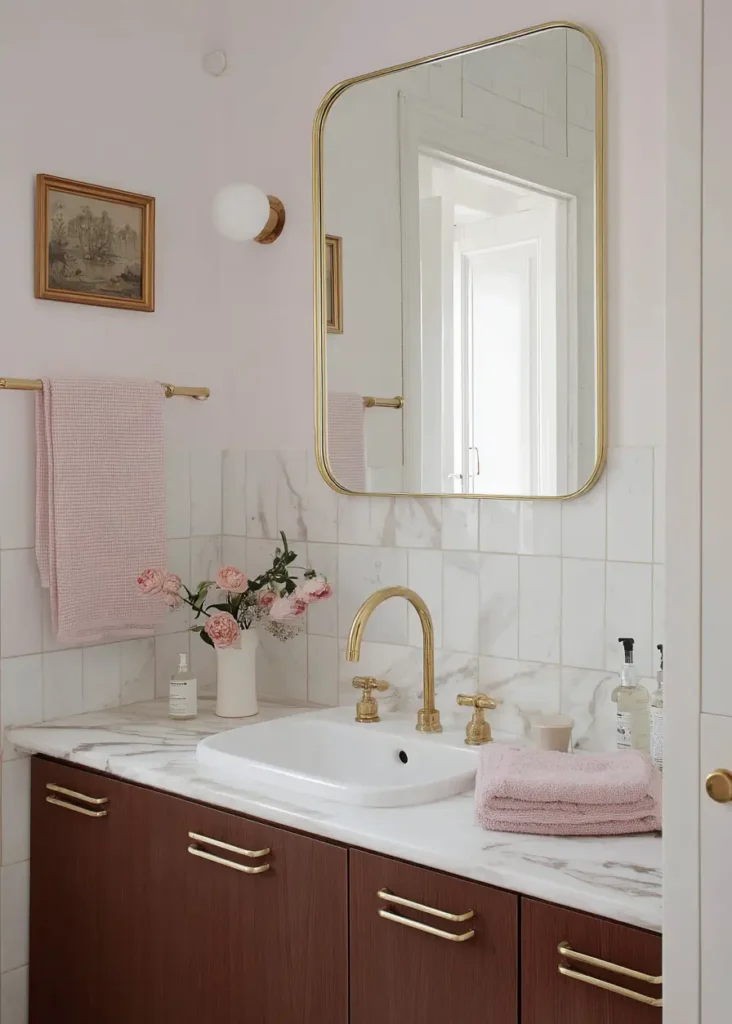 46 Scandinavian Bathroom Design Ideas for a Serene Sanctuary 15 Dark wood vanity with gold hardware and pink towels in a romantic Scandinavian bathroom.