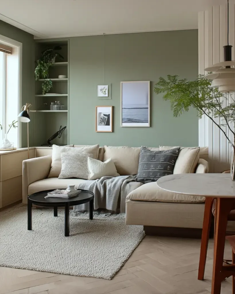 35 Scandinavian Living Room Ideas for a Cozy, Minimalist Home 15 Muted sage green walls pairing with beige sectional sofa in a warm Scandinavian living room.