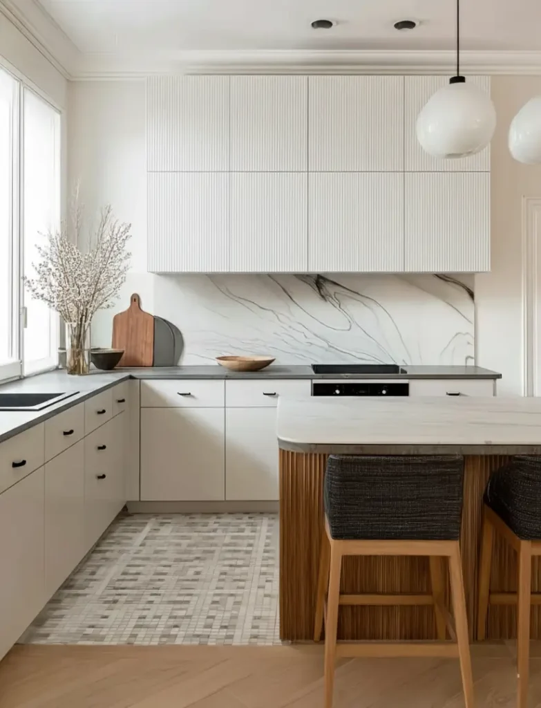 Contemporary Scandinavian kitchen with fluted white cabinets and marble backsplash.