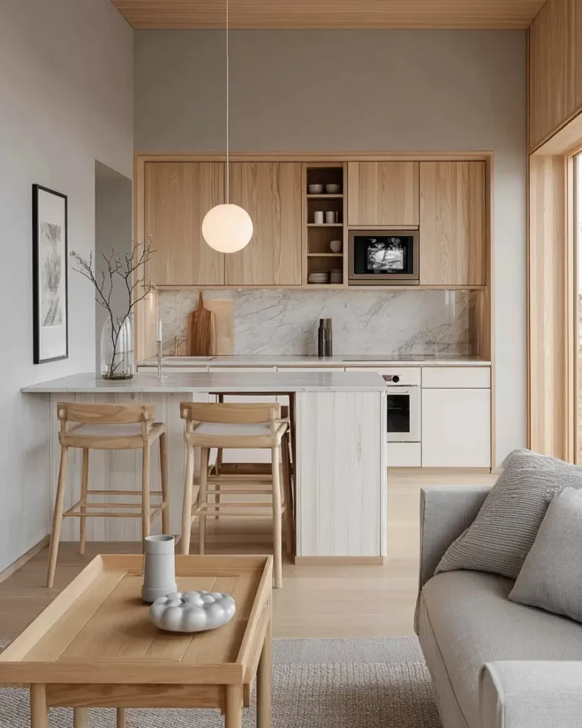 A contemporary Scandinavian kitchen featuring light wood cabinetry, a marble waterfall island, and a grey sofa in the foreground.