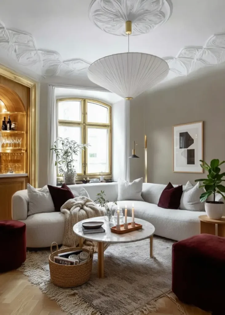 35 Scandinavian Living Room Ideas for a Cozy, Minimalist Home 16 Classic white ceiling medallion detail above a modern pendant light in a Scandinavian living room with curved sofa.