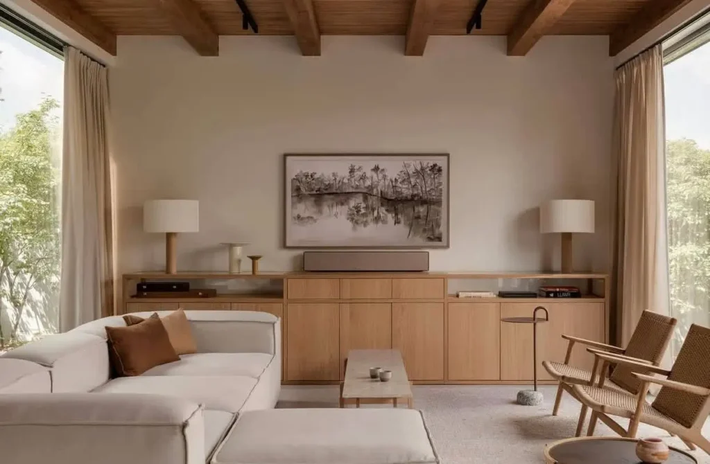 Japandi style living room with light oak furniture, exposed beams, and a neutral sofa.