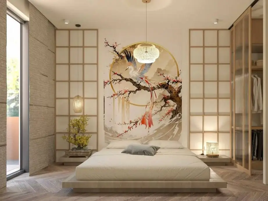 A modern Japanese bedroom with a large phoenix mural, shoji screen walls, a low platform bed, and herringbone floors.