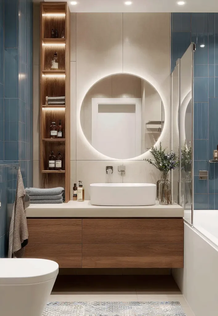 43 Mid Century Modern Small Bathroom Ideas for a Timeless Oasis (2025) 16 Floating walnut vanity with blue vertical tiles and round backlit mirror in a retro inspired bathroom.