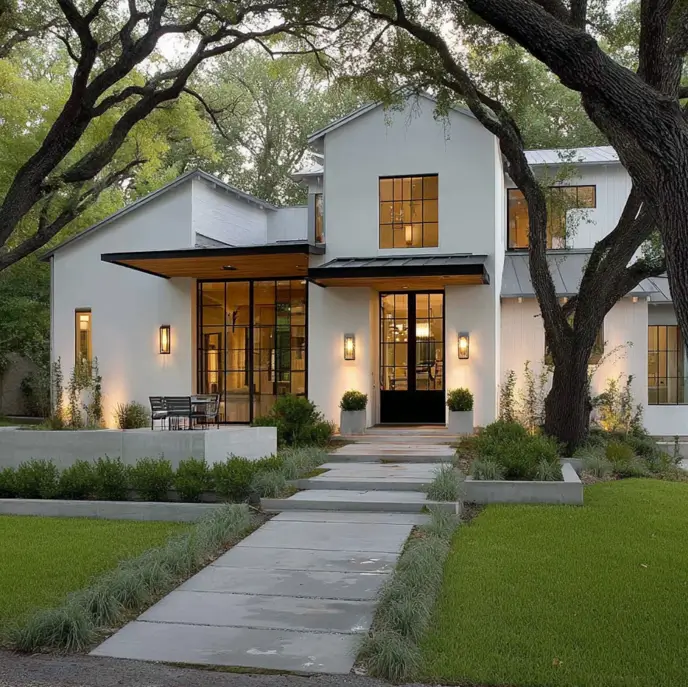 A modern L-shaped ranch home with white vertical siding and black-framed windows.