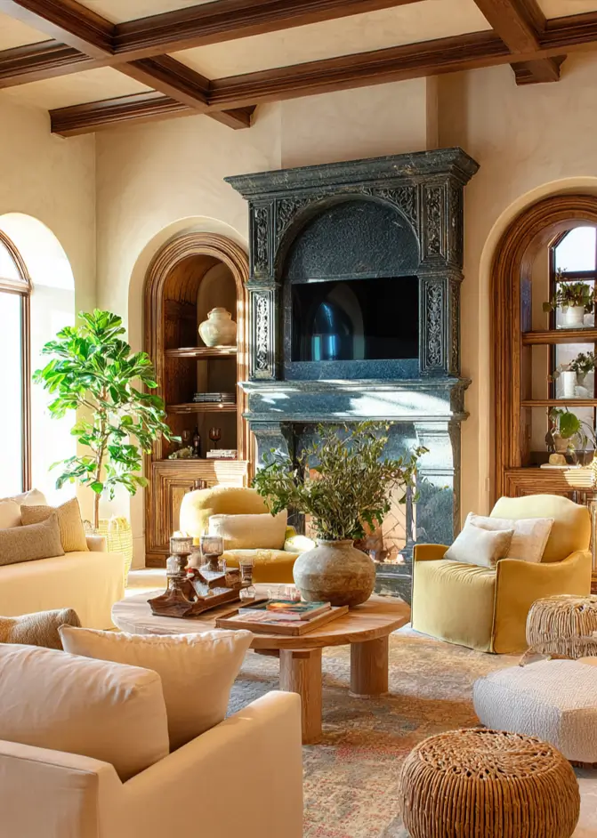 46 Modern Mediterranean Living Room Design Ideas 16 Modern Mediterranean living room with deep wood-lined arched storage shelves.