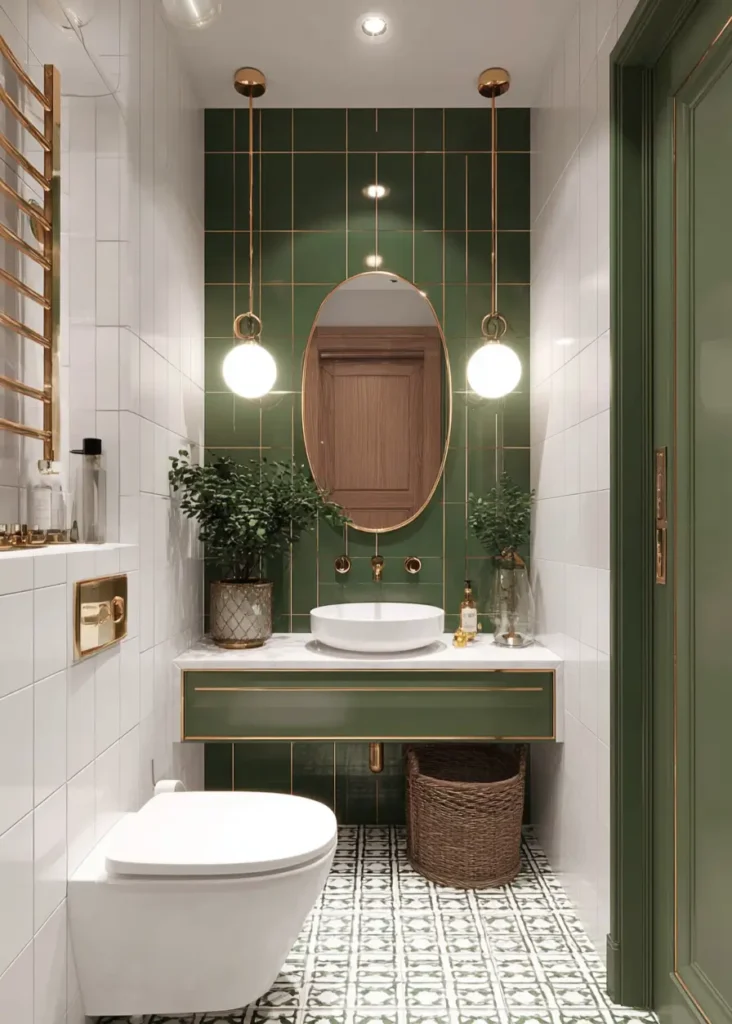 46 Scandinavian Bathroom Design Ideas for a Serene Sanctuary 16 Emerald green vertical tiles and matching vanity with gold pendant lights in a narrow bathroom.