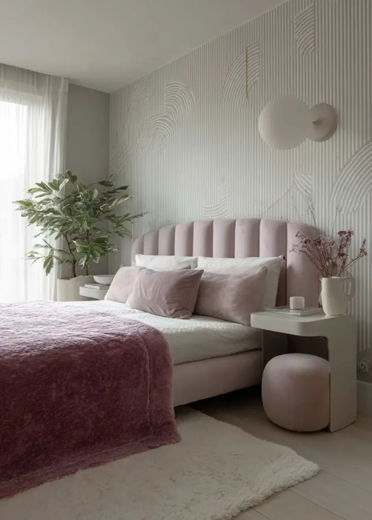 49 Headboard Design Ideas That Instantly Elevate Your Bedroom 16 Blush pink channel tufted curved headboard against matching patterned wallpaper with modern lighting.