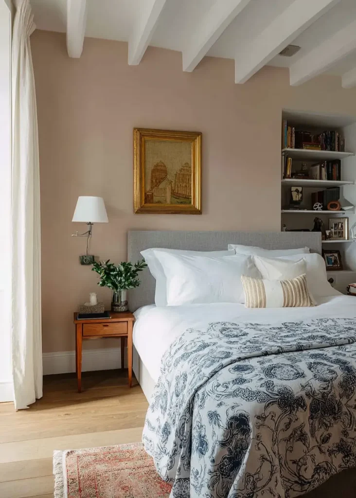 47 Scandinavian Bedroom Interior Design Ideas for a Serene Retreat 16 Scandinavian design bedroom with warm putty walls, white exposed ceiling beams, and a blue and white patterned throw.