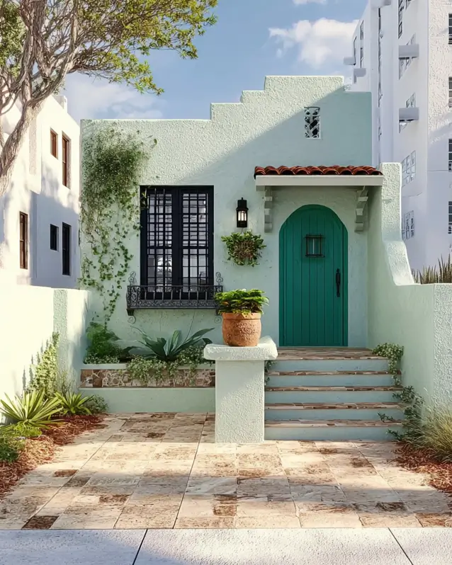 38 Small Mediterranean-Style Homes That Define Coastal Charm 16 Cool mint stucco bungalow with a stepped roofline, deep teal arched door, and a travertine paver walkway.