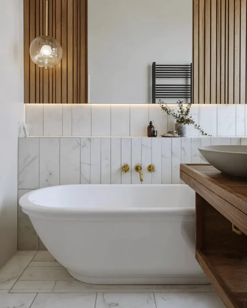 A contemporary Scandinavian bathroom with vertical wood paneling, vertical marble tiles, and a white freestanding tub.