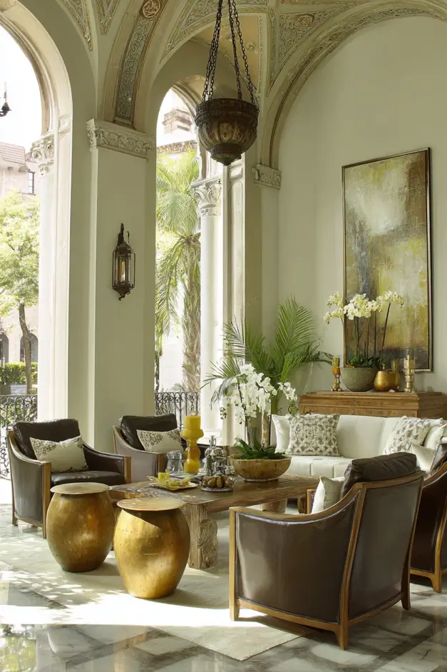 46 Modern Mediterranean Living Room Design Ideas 17 Grand Mediterranean living room design with monumental arches and polished marble floors.