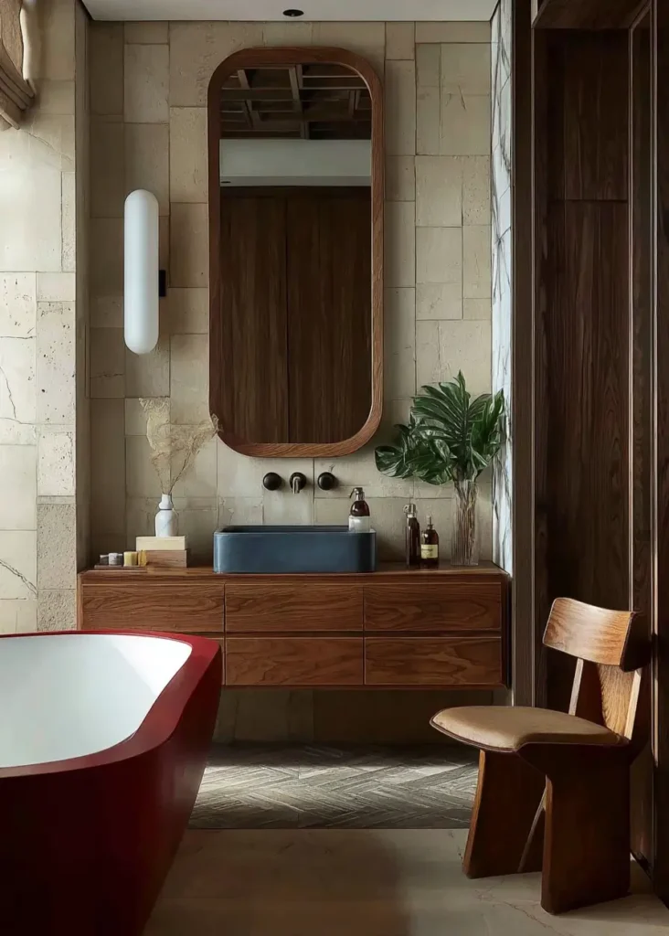 43 Mid Century Modern Small Bathroom Ideas for a Timeless Oasis (2025) 17 Red freestanding bathtub with floating walnut vanity and textured stone walls in a retro modern bathroom.