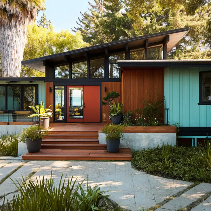 37 Mid Century Modern House Exteriors to Inspire Your Renovation 17 A mid century modern home exterior with a retro color palette of turquoise and wood siding, and a red front door.