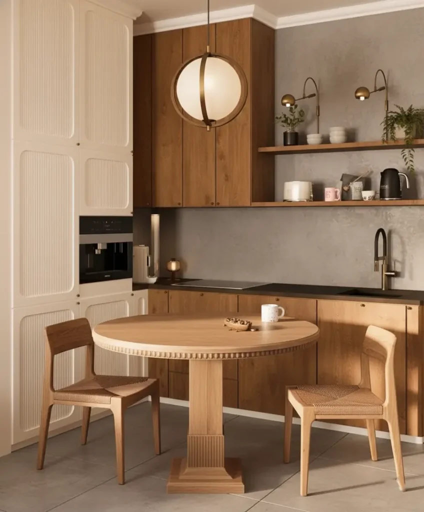 A modern Japandi kitchen nook with wood cabinets woven chairs and textured reeded paneling.