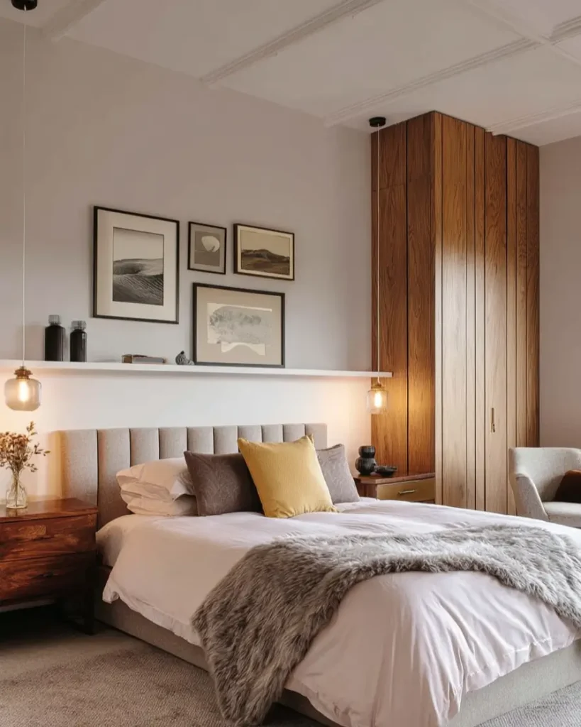 47 Scandinavian Bedroom Interior Design Ideas for a Serene Retreat 17 Modern Scandinavian bedroom with a tall wood wardrobe, a picture ledge, and a faux fur throw.