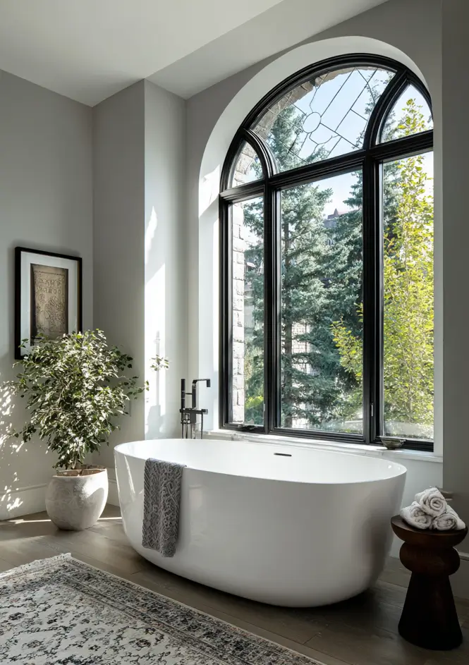 Modern Tudor Interior Design: A Definitive Guide 17 A modern Tudor bathroom with a large, arched window with leaded-glass detail, framing a white freestanding tub.