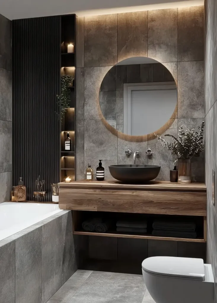 46 Scandinavian Bathroom Design Ideas for a Serene Sanctuary 17 Dark grey concrete tiles and wood vanity with black vessel sink in a moody bathroom.