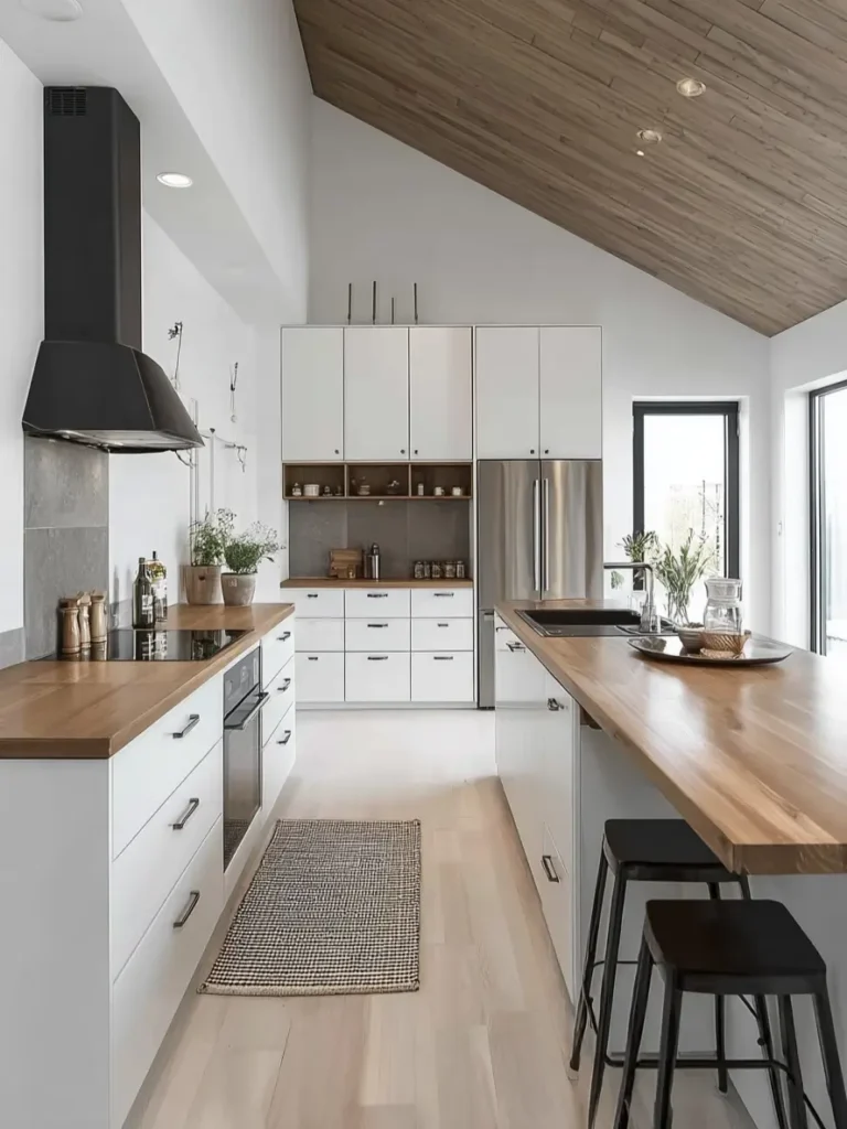 Scandinavian kitchen ideas featuring vaulted wood ceiling and butcher block countertops.