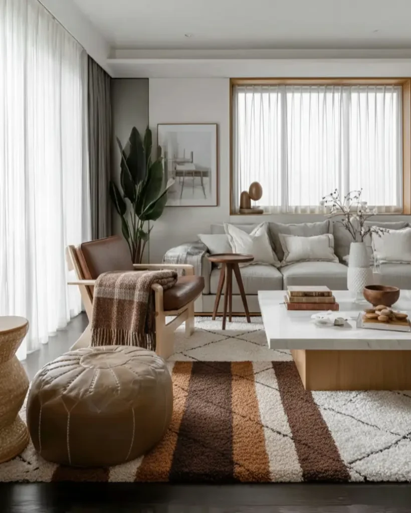 35 Scandinavian Living Room Ideas for a Cozy, Minimalist Home 17 Floor-to-ceiling sheer curtains filtering light in a neutral Scandinavian living room with textured rug and leather pouf.