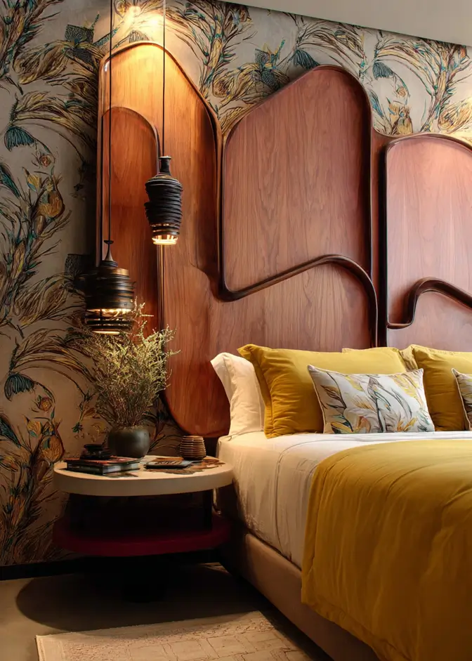 49 Headboard Design Ideas That Instantly Elevate Your Bedroom 17 Wavy sculptural wooden headboard against botanical wallpaper with mustard bedding and pendant lights.