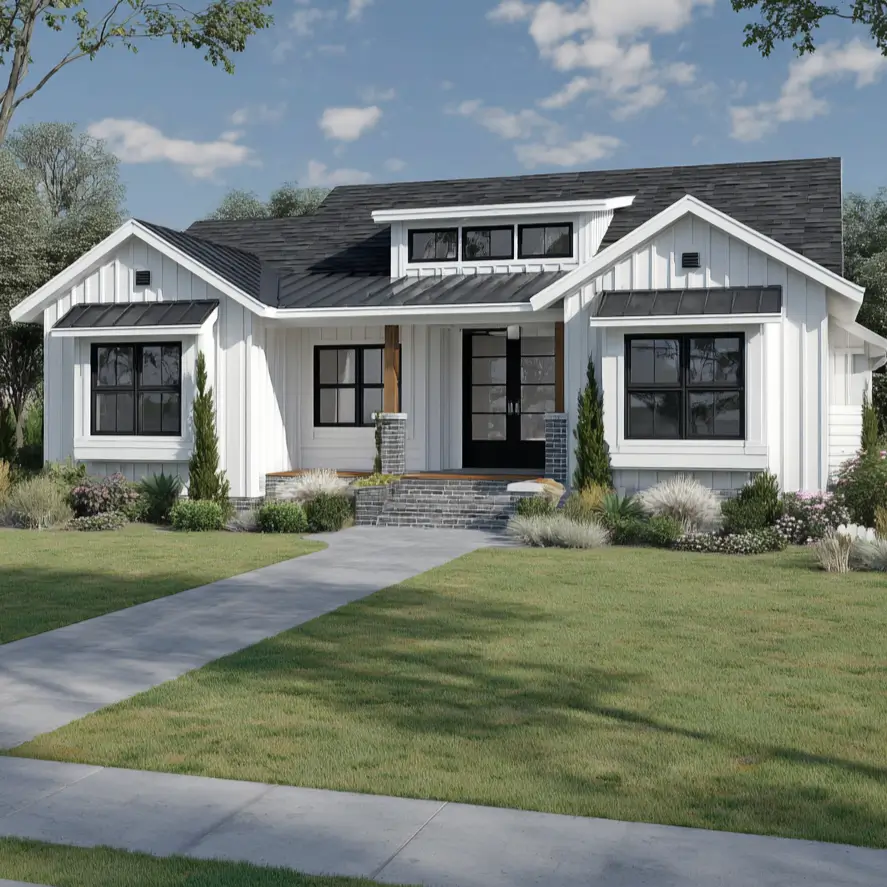 A white modern farmhouse ranch with multiple gables and black windows.