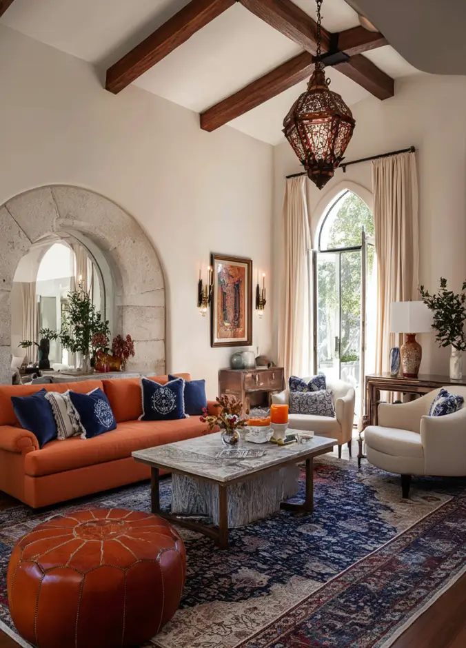 46 Modern Mediterranean Living Room Design Ideas 18 Vibrant Mediterranean living room with terracotta sofa and oversized lantern.