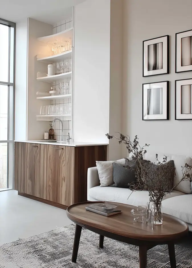 A contemporary Scandinavian living room featuring a rich walnut bar, a white sofa, and modern black-and-white photography.