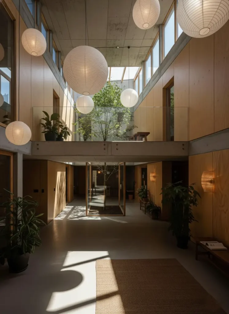 A multi-level Japandi style home atrium with concrete ceilings light wood walls and paper lanterns.