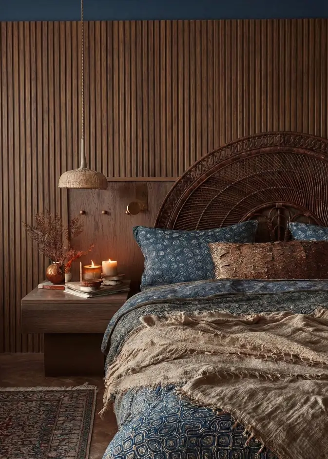 49 Headboard Design Ideas That Instantly Elevate Your Bedroom 18 Large peacock rattan headboard layered against a dark wood vertical slat wall with blue bedding.