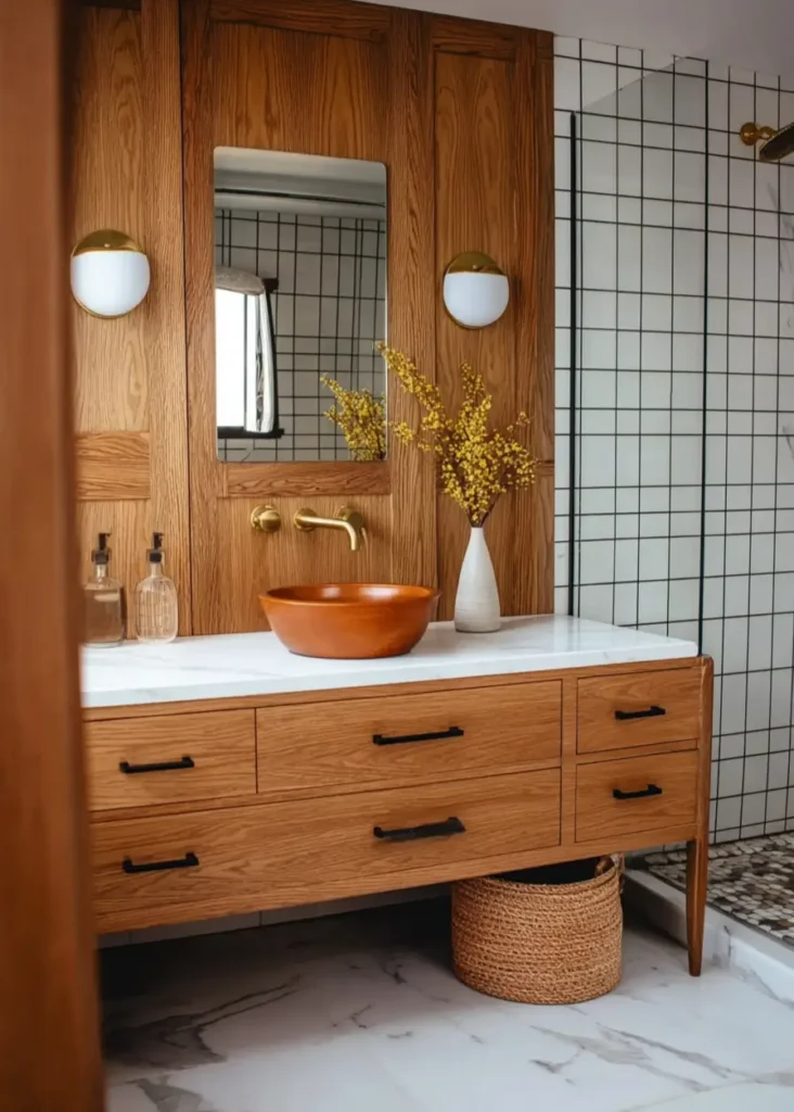 43 Mid Century Modern Small Bathroom Ideas for a Timeless Oasis (2025) 18 Wood paneled wall with integrated floating vanity and white grid tiles in a mid century modern small bathroom.