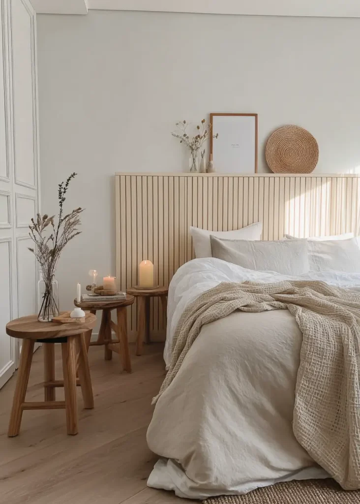 47 Scandinavian Bedroom Interior Design Ideas for a Serene Retreat 18 Minimalist Scandinavian bedroom with a wood slat headboard, rustic wood stools, and neutral linen bedding.