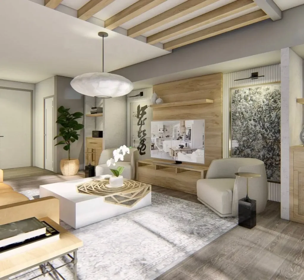 Modern living room blending wood beams, stone art, and Japanese calligraphy.