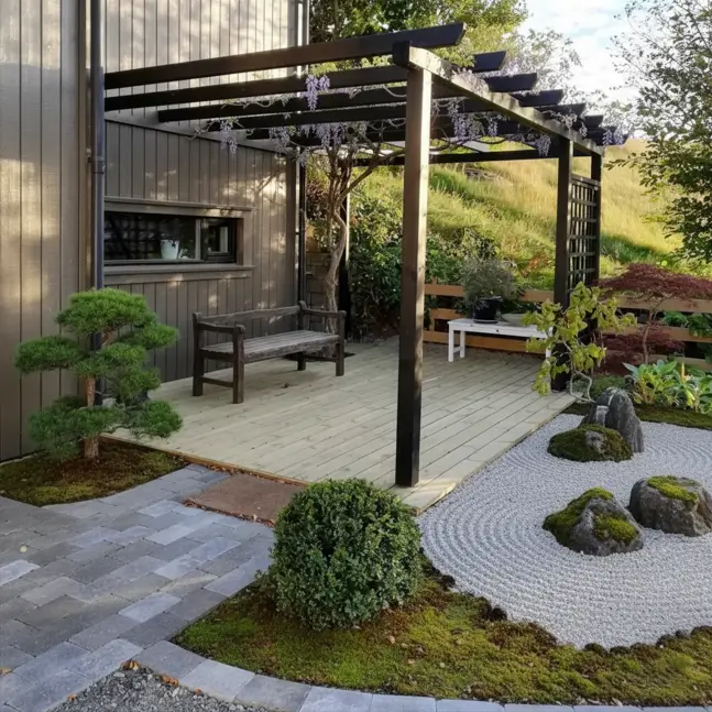 Modern pergola deck viewing a raked gravel zen garden with mossy stones.