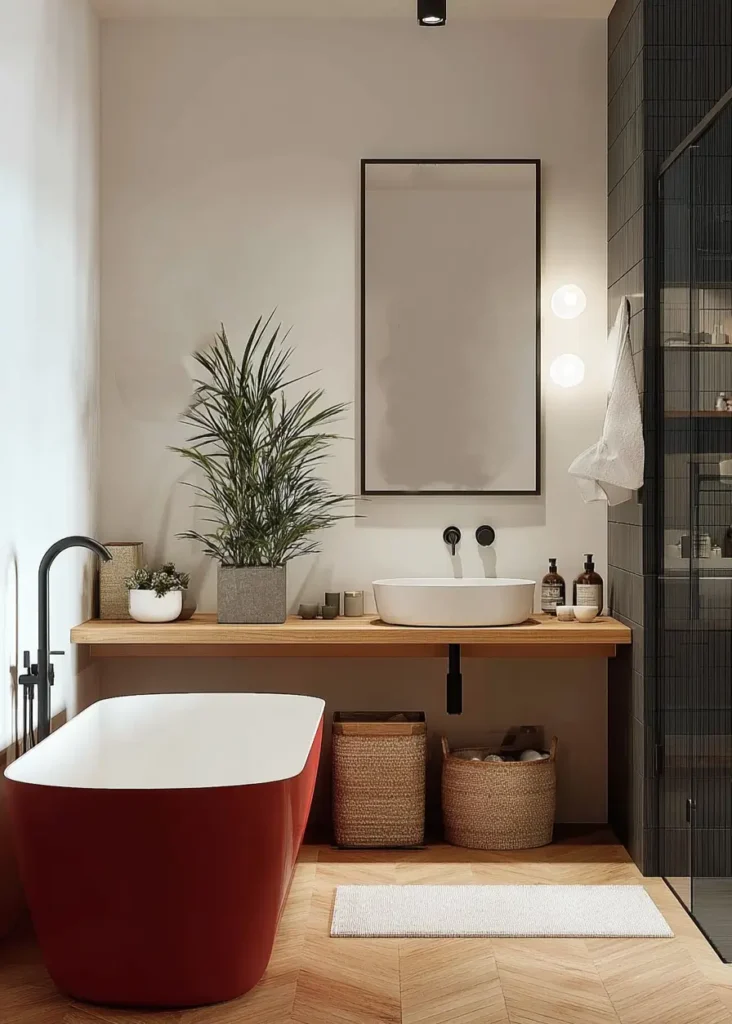 46 Scandinavian Bathroom Design Ideas for a Serene Sanctuary 18 Red freestanding bathtub and floating wood vanity in a modern Scandinavian bathroom with herringbone floors.