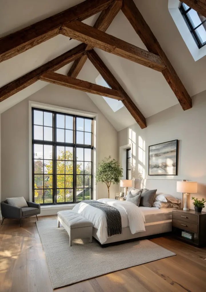 Modern Tudor Interior Design: A Definitive Guide 18 A bright, airy modern Tudor bedroom with a high vaulted ceiling, exposed rustic wood trusses, and a tall black-framed window.