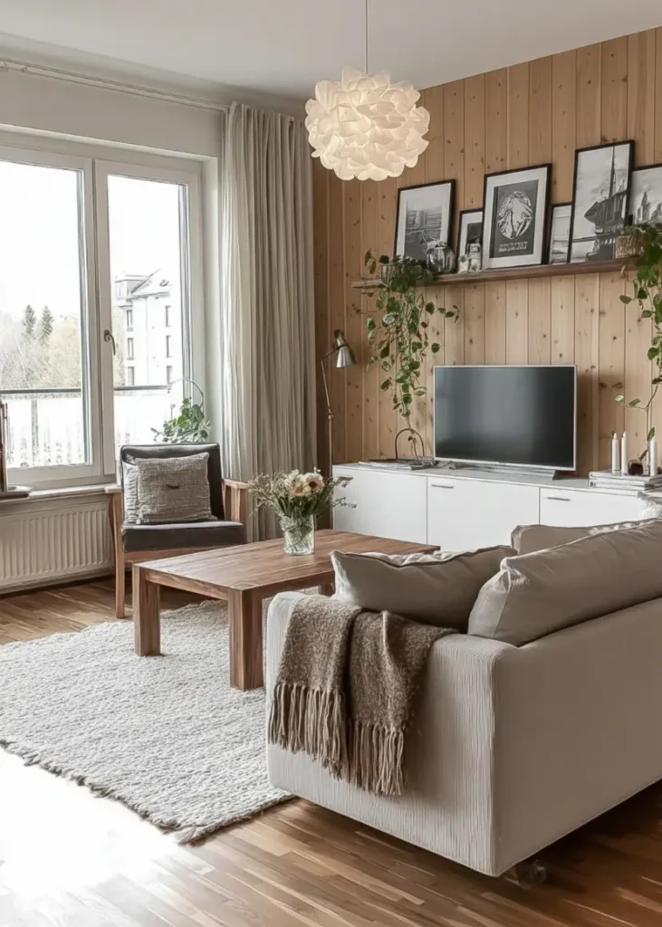 35 Scandinavian Living Room Ideas for a Cozy, Minimalist Home 18 Light pine wood feature wall behind a television in a cozy Scandinavian living room with white sofa.
