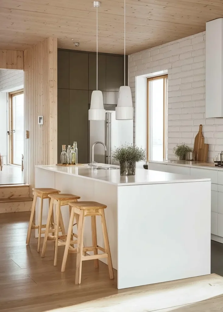 Scandinavian kitchen interior design featuring painted white brick walls and pine stools.
