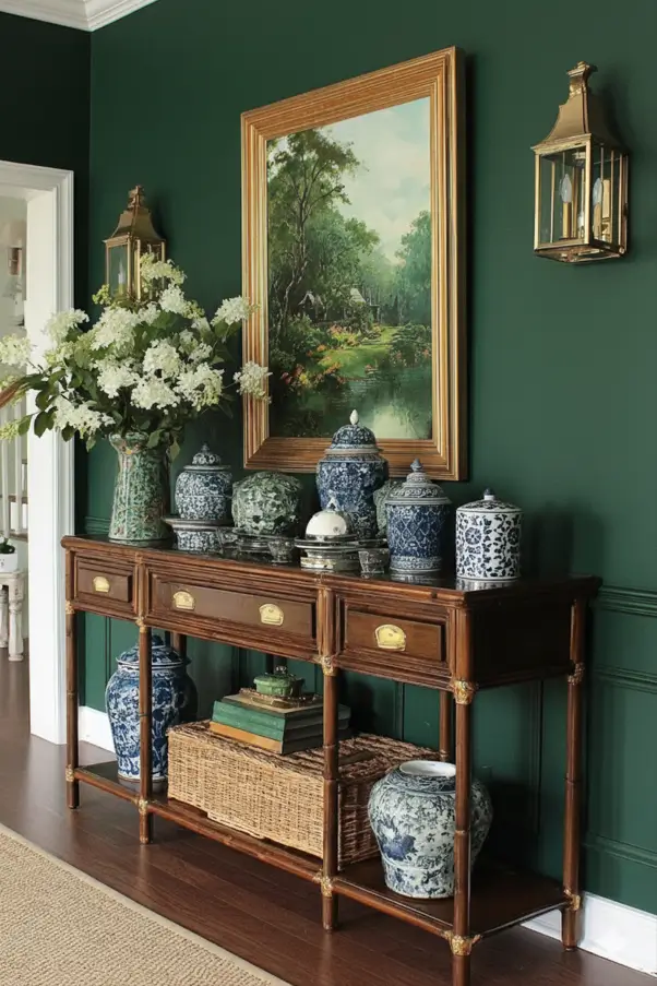 Traditional entryway with timeless hunter green walls, a dark wood console, and a collection of blue and white porcelain.
