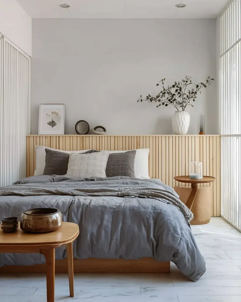 A contemporary Scandinavian bedroom with a wood slat headboard, grey and blue bedding, and a fluted glass partition.