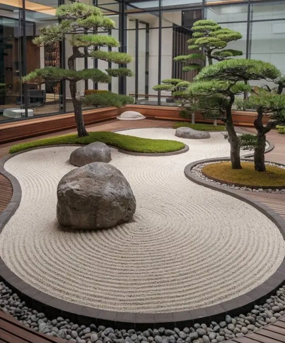 Interior zen garden atrium with sculptural pruned pines and curving raked sand patterns.