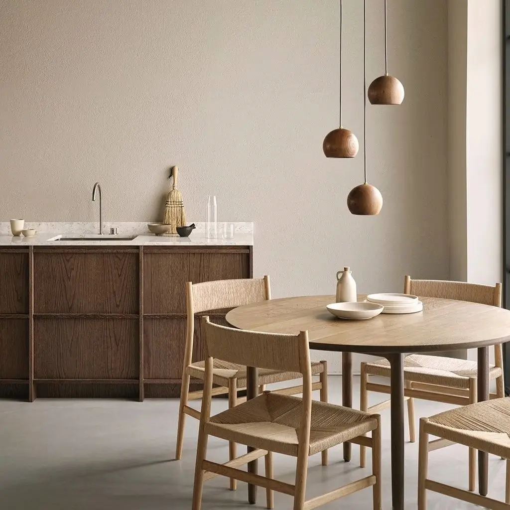 A Japanese inspired dining area with dark wood grid cabinets, a round wood table, and woven chairs.